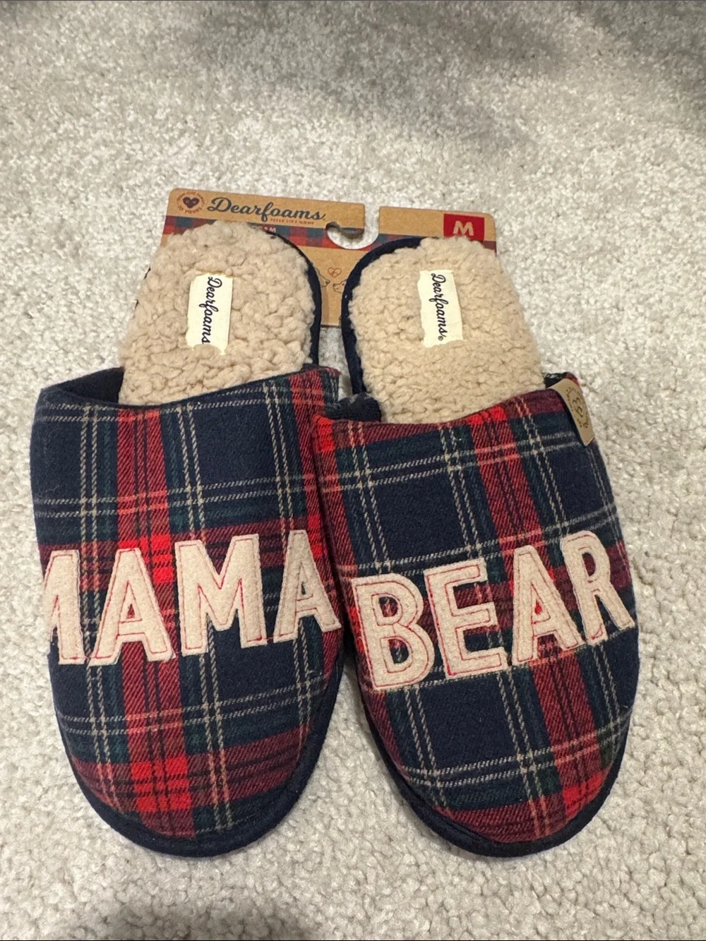 Dearfoams Mama Bear Plaid Slippers in Navy and Red